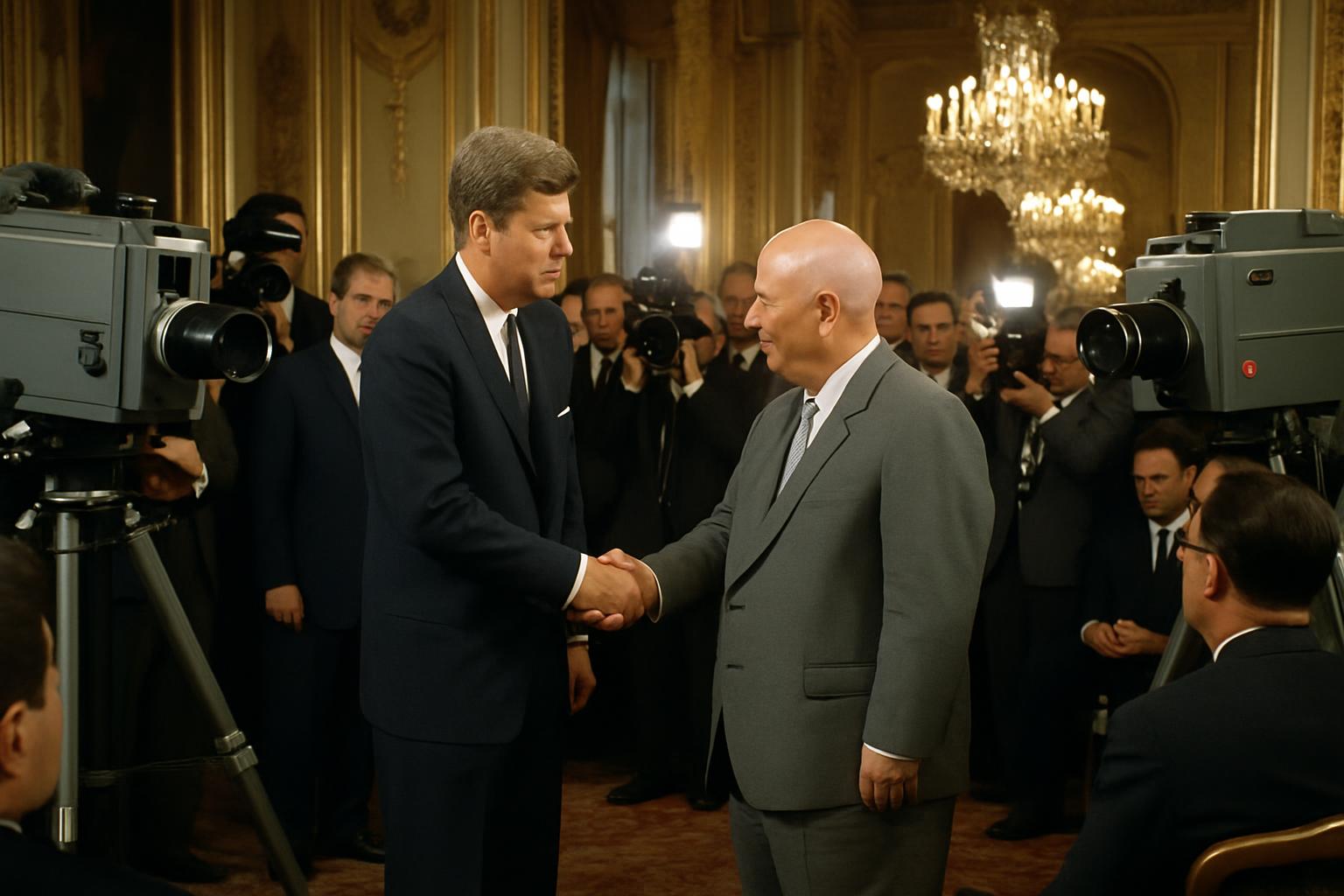 Two men in suits shake hands before television cameras and press photographers in a chandeliered room