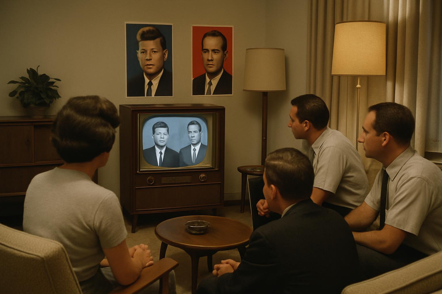 A family sits in a living room watching two candidates on a television set, framed portraits of both men on the wall behind