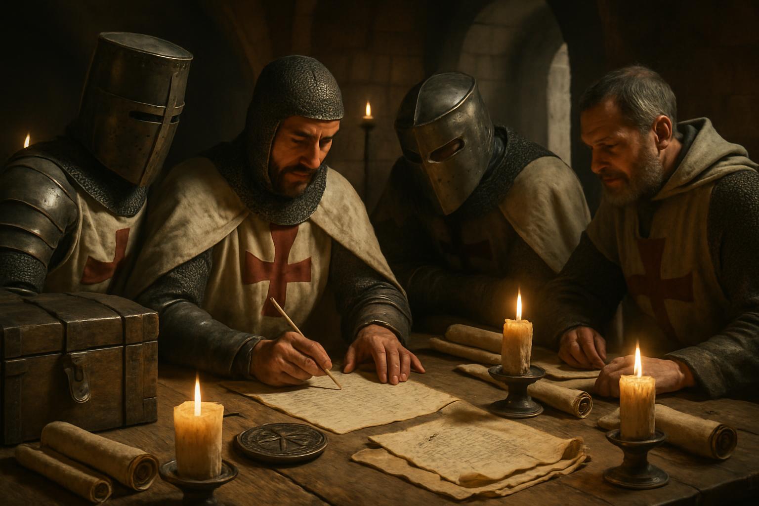 Men in mail and white mantles with red crosses lean over ledgers and rolled documents by candlelight, an iron-bound chest beside them