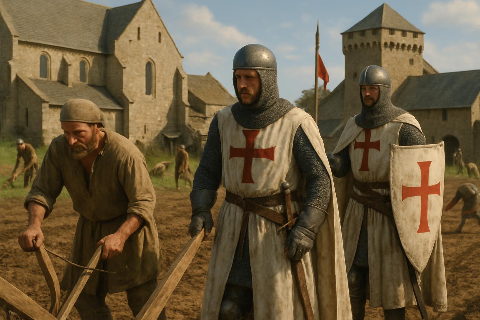 Two men in white mantles with red crosses stand in a farmyard while a labourer cuts timber, a stone church and tower behind them