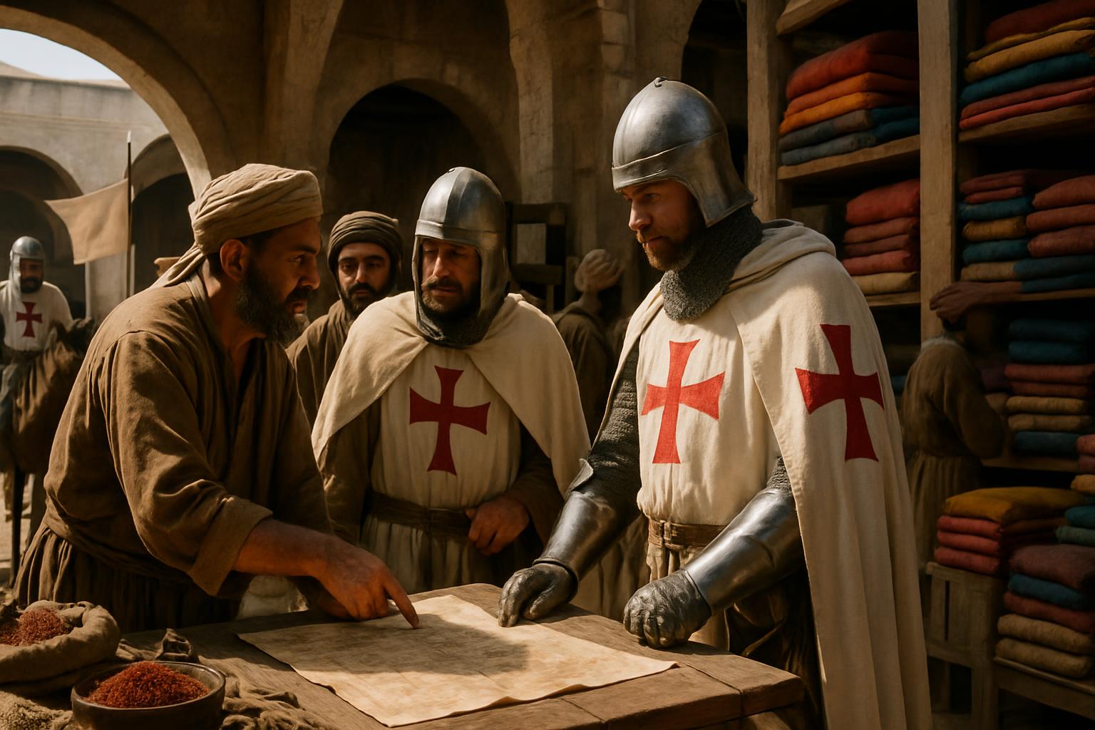 Two men in white mantles with red crosses study a chart held out by a merchant in a turban, stacked bales of coloured cloth and baskets of spice around them