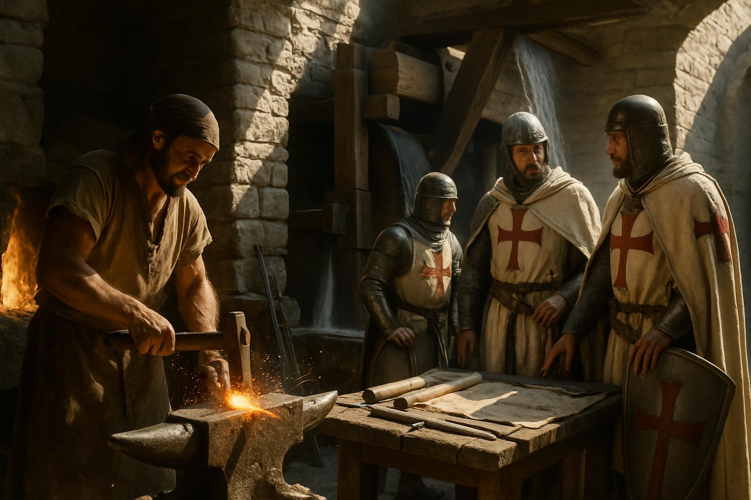 A smith strikes glowing metal on an anvil in a vaulted workshop while three men in white mantles with red crosses watch, tools laid out on the bench