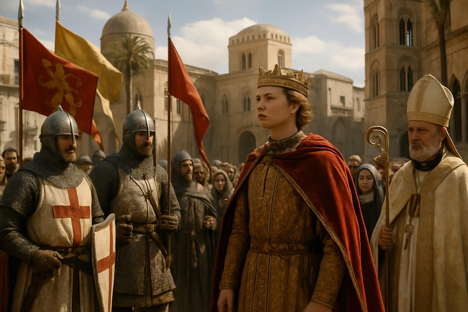 A young crowned figure in a red cloak stands between mailed soldiers with red-cross shields and a bishop in a mitre, banners and a domed church behind