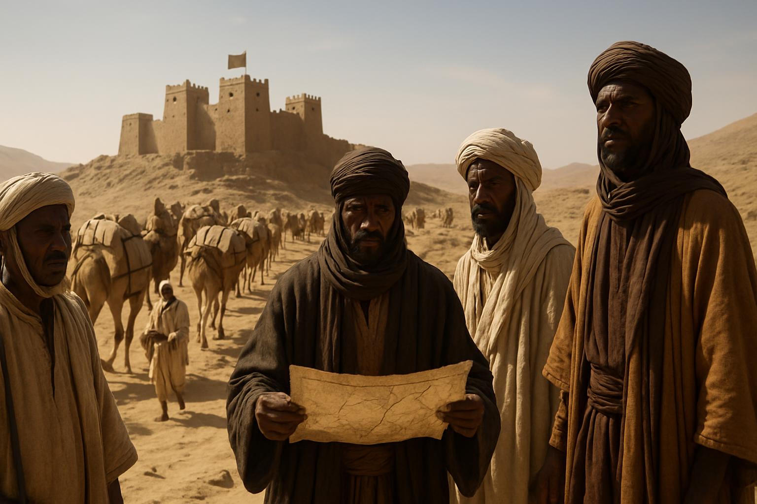 Robed men study an unrolled chart at the edge of a desert camp, laden camels in file and a fortified town on the ridge behind