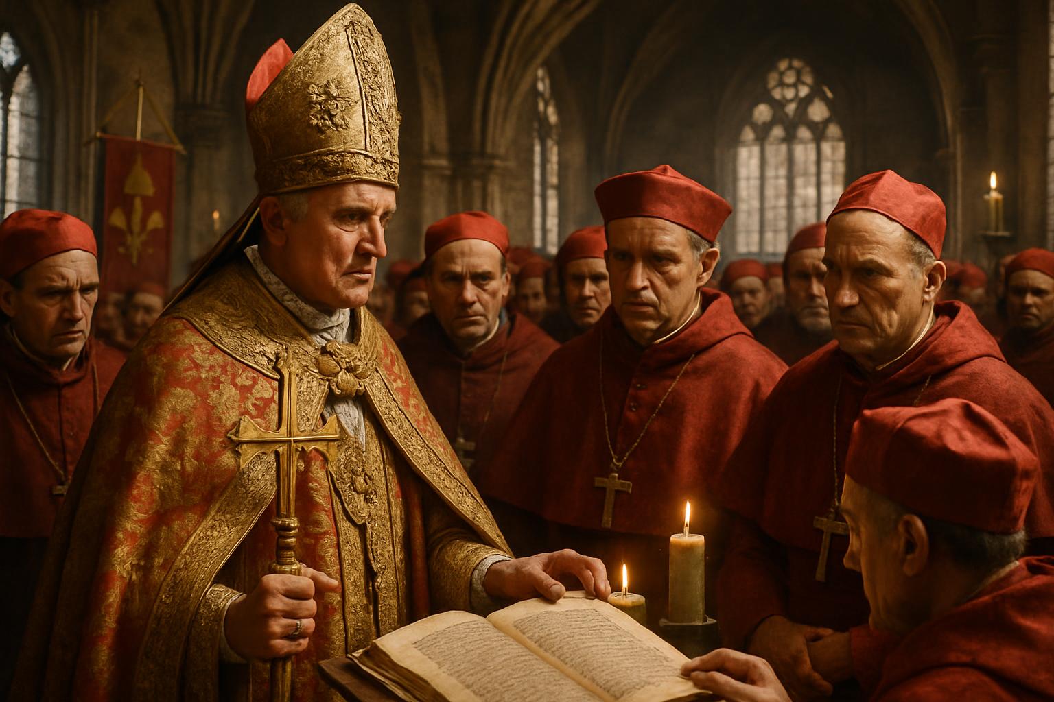 A pope in a gold cope holds a staff over an open book while cardinals in red robes and hats crowd around him in a vaulted hall