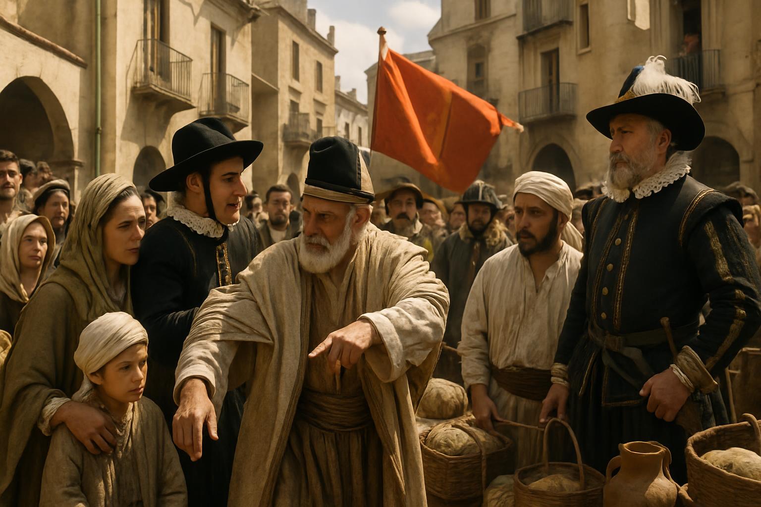A grey-bearded man in a white robe gestures angrily at officials in black hats and armour while families with bundles stand around him in a town square
