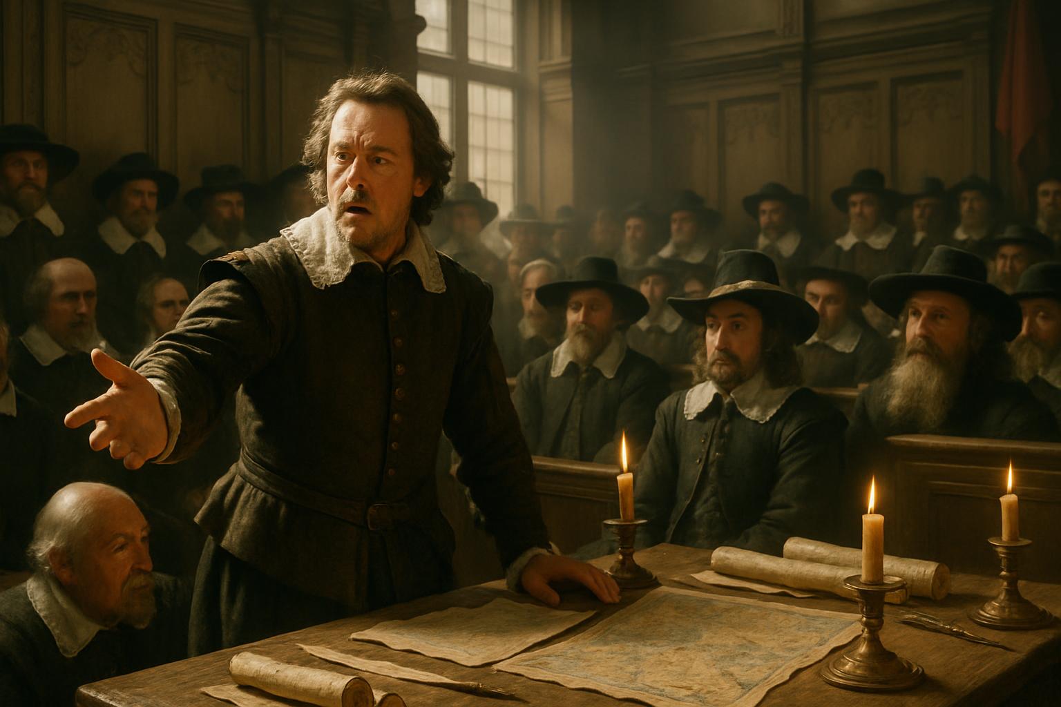 A man in dark clothing stands and points across a crowded chamber of seated men in hats, candles and papers on the tables before them