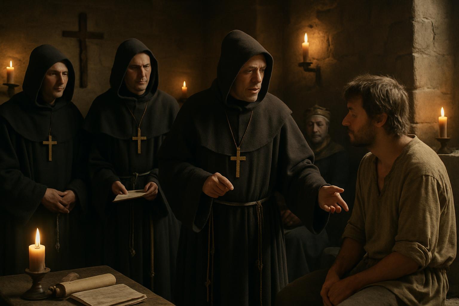 Three hooded friars with wooden crosses question a seated young man in a plain shirt by candlelight in a stone chamber