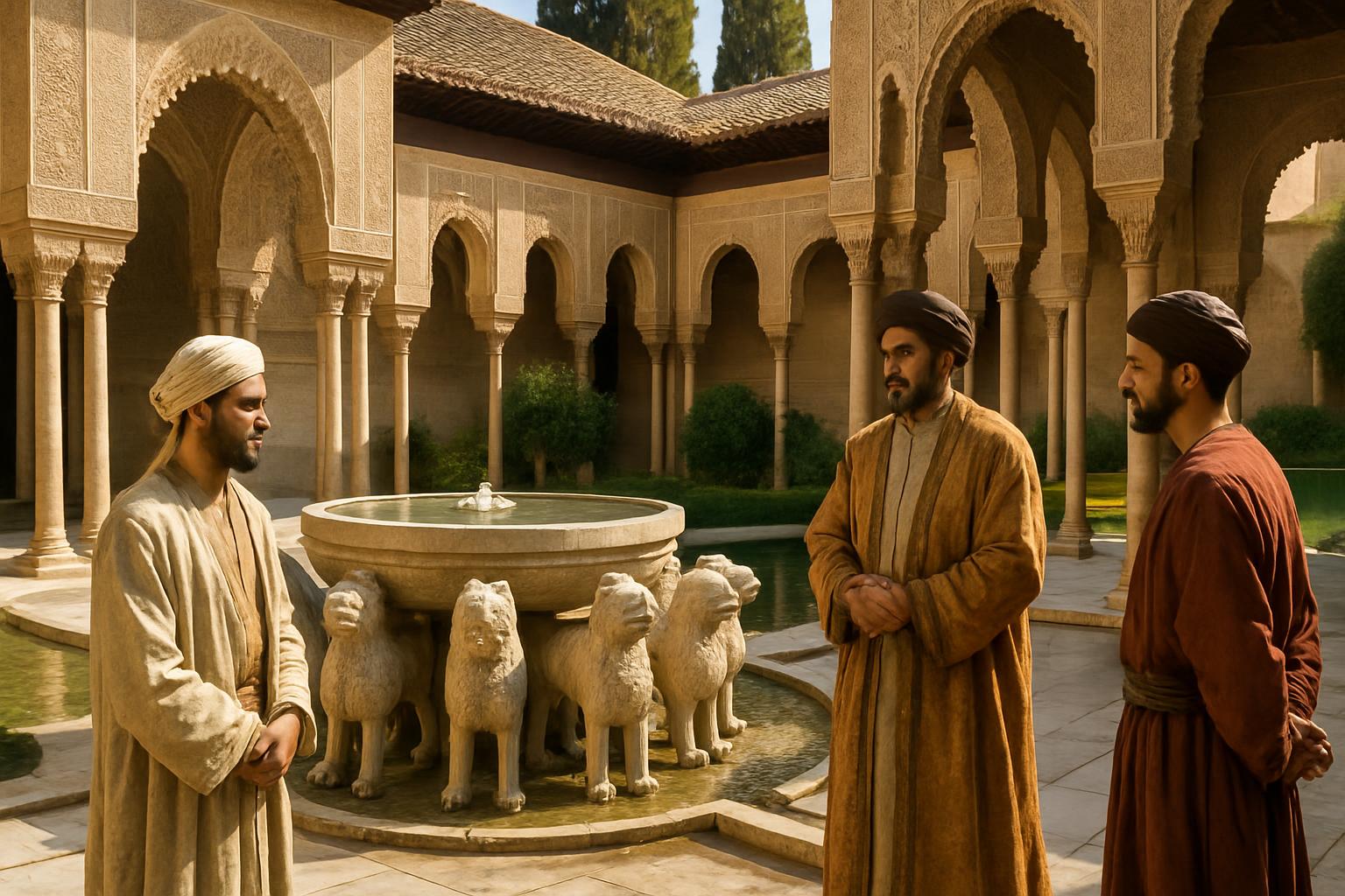 Men in robes and turbans stand talking beside a low fountain supported by carved stone lions in an arcaded courtyard