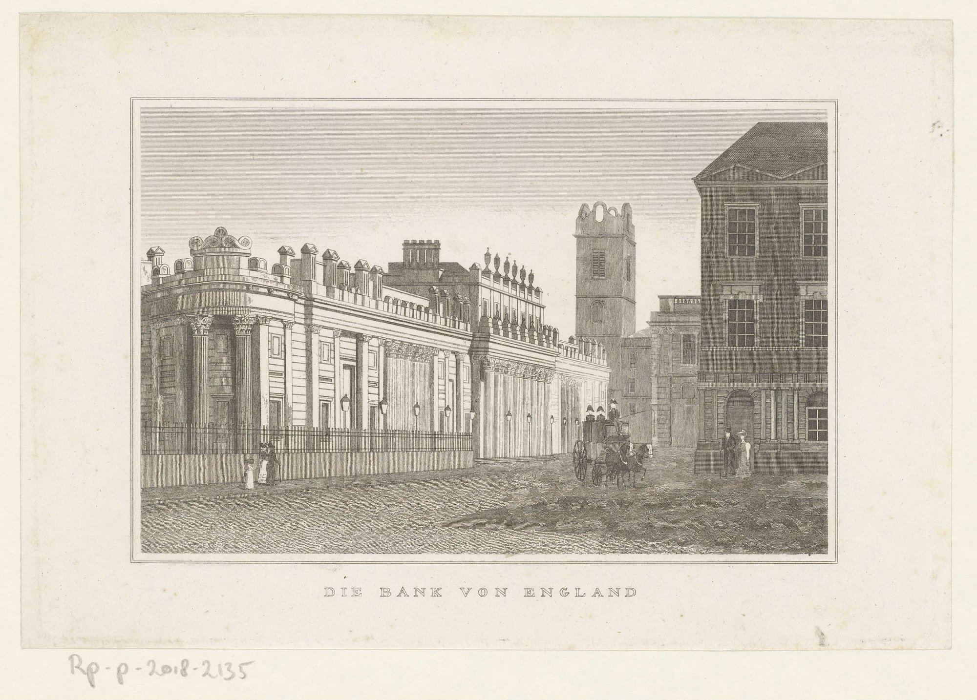 Engraving of a long classical bank building along a city street, with figures and a carriage passing and a printed caption below