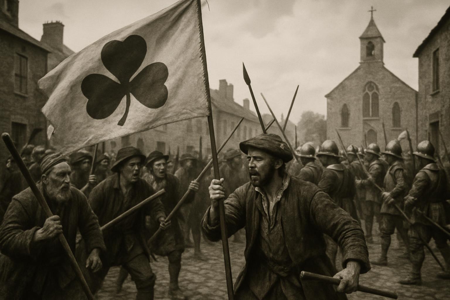 A crowd of men with pikes and a shamrock banner surges past a small church, one figure in the foreground holding a club