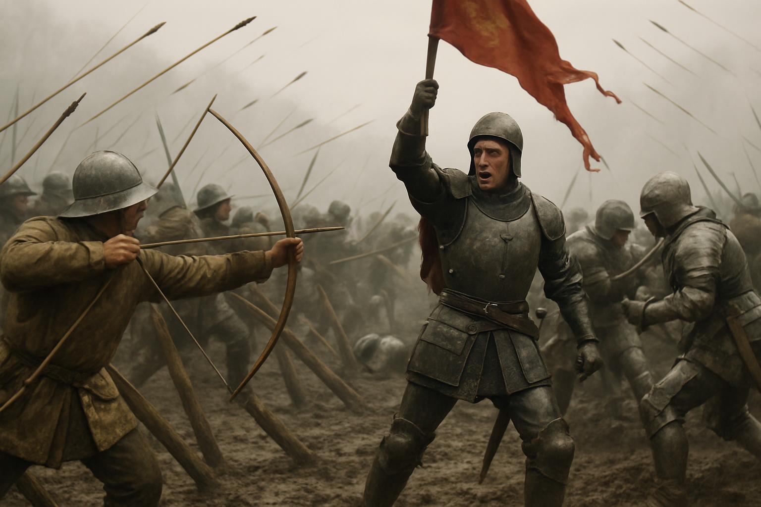 Archers draw longbows in a press of armoured men while a knight raises a red banner above the melee