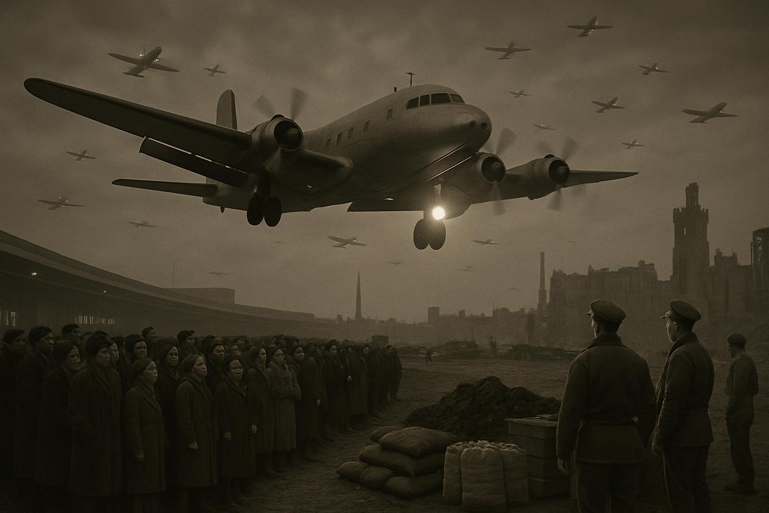 A four-engined transport aircraft comes in to land over crowds of watching civilians, more aircraft stacked in the sky above a ruined city