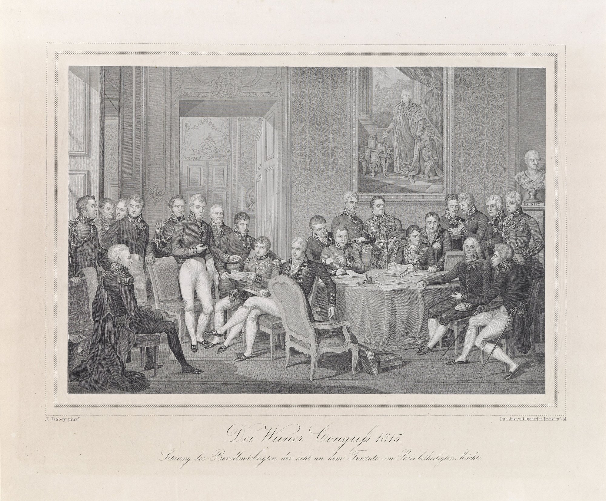 Engraving of delegates in court dress and uniform seated and standing around a draped table in a salon, with a printed caption below
