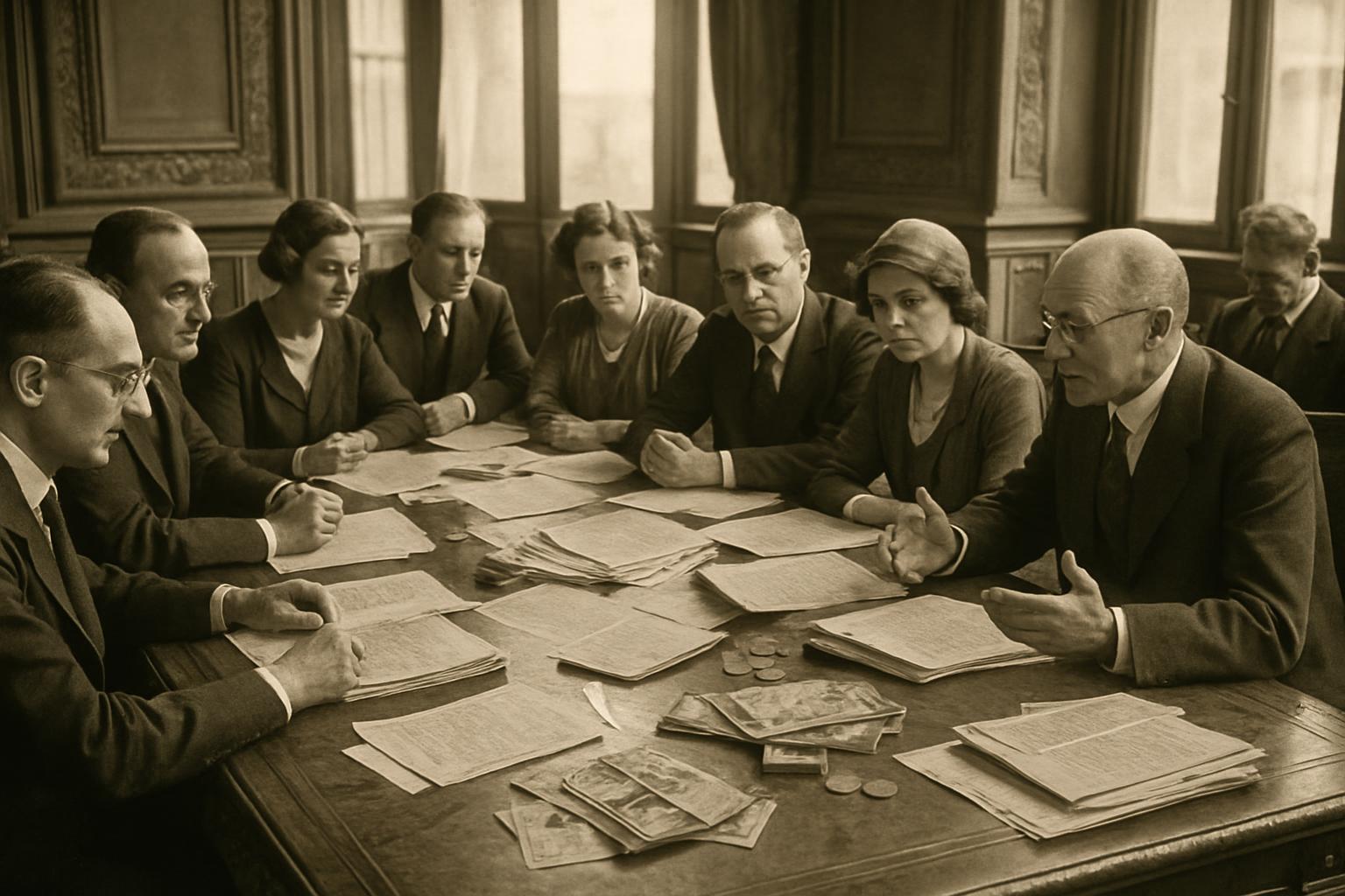 Sepia photograph of committee members in 1920s dress seated around a long table covered with papers and ledgers
