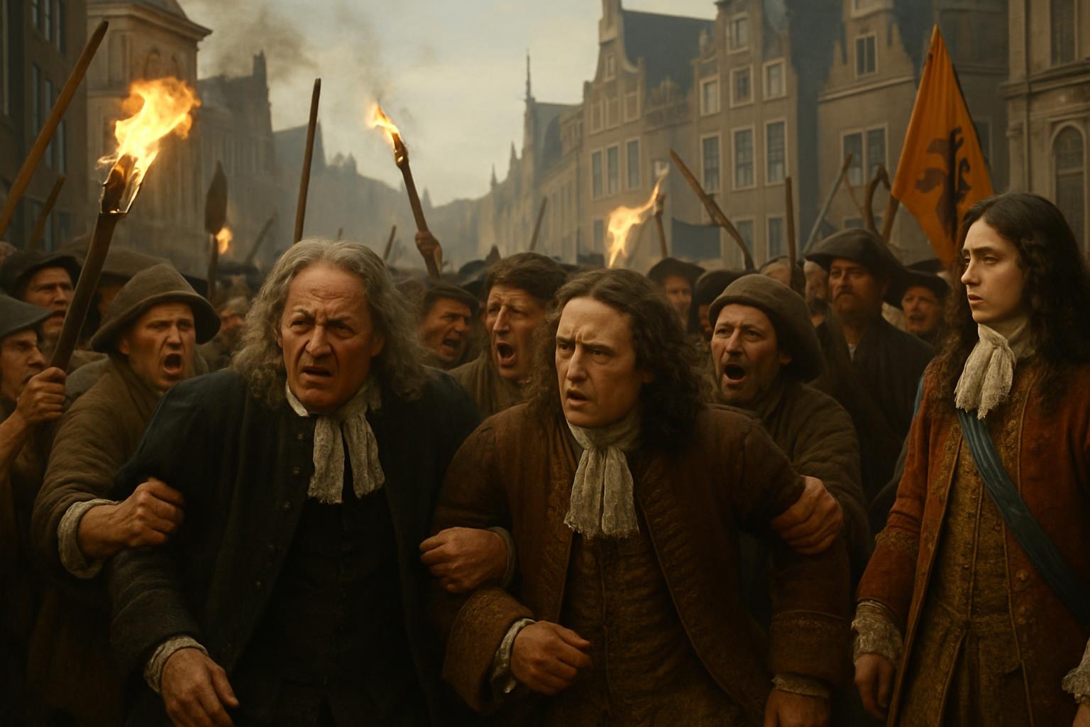 A shouting crowd with torches and pikes presses around two frightened men in dark coats and lace collars in a city square