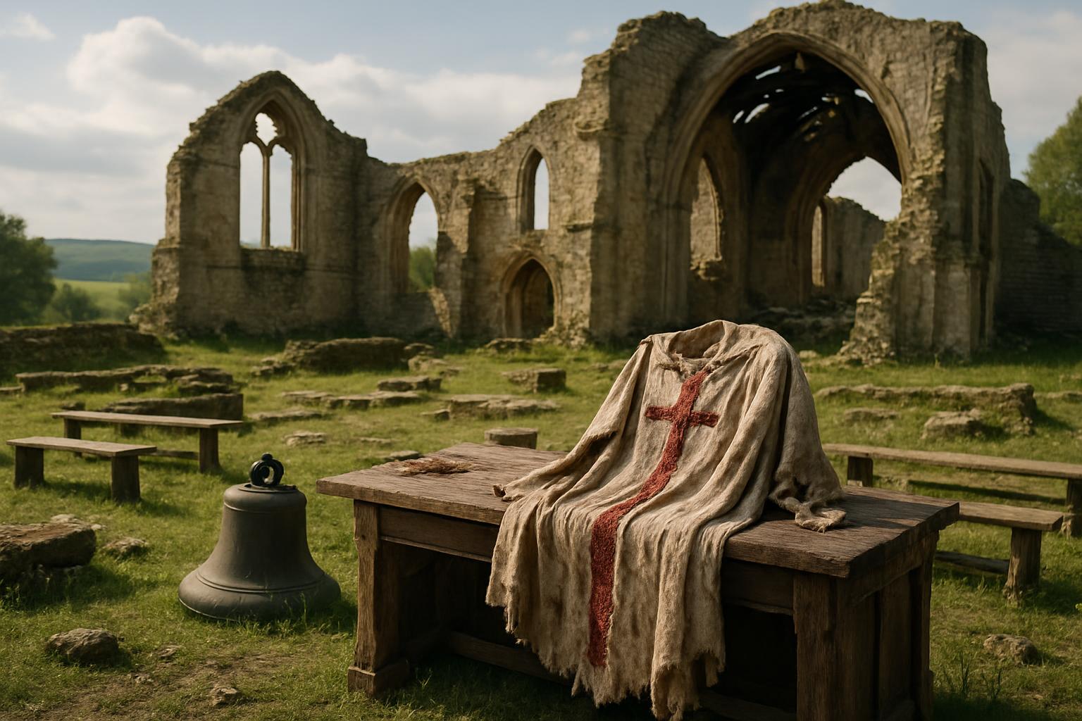 The roofless shell of an abbey church standing in grass, with a fallen bell and an embroidered vestment left on a table in the foreground