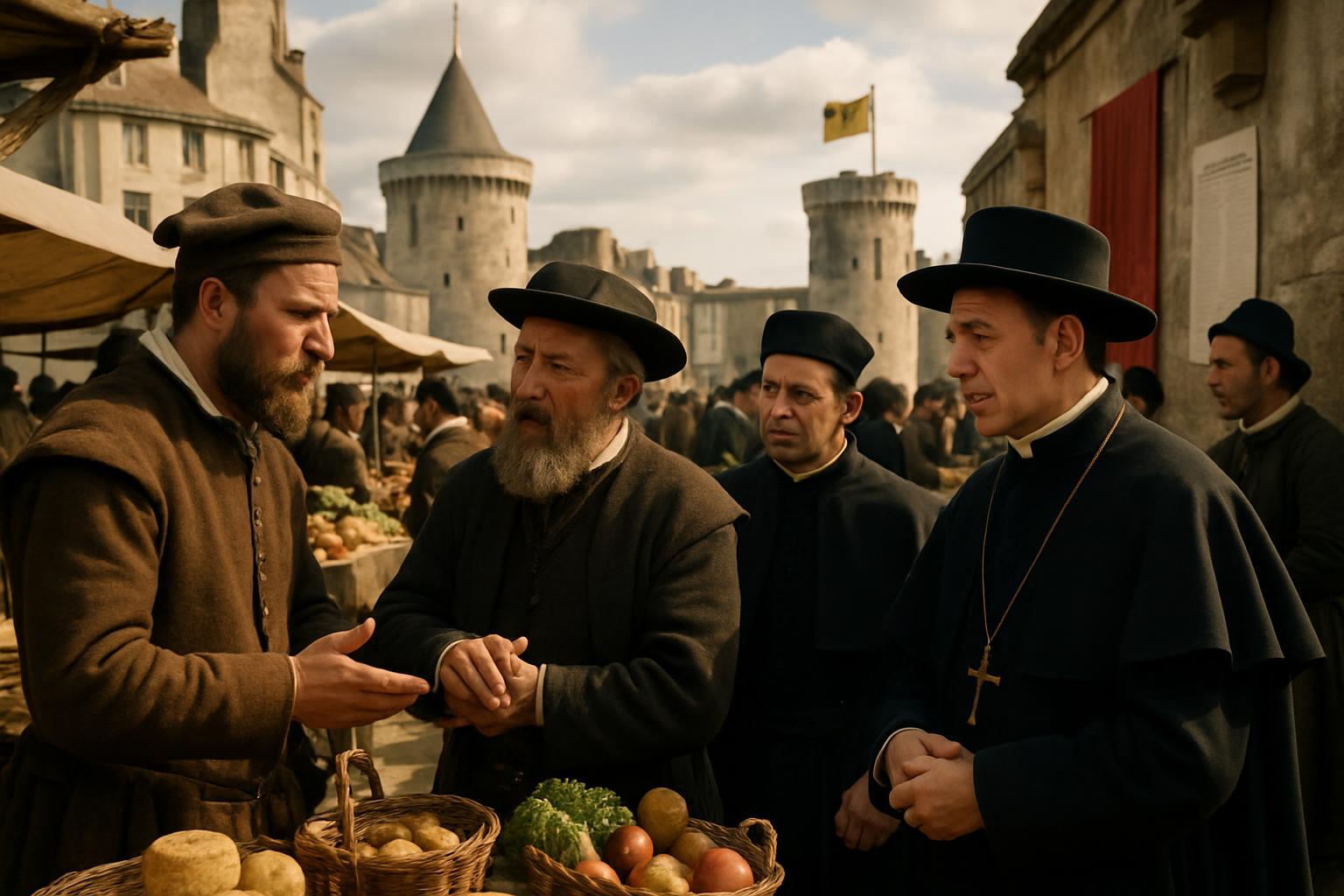 Townspeople and a Protestant minister in black talk with a Catholic priest at a market stall of bread and vegetables, a walled town behind