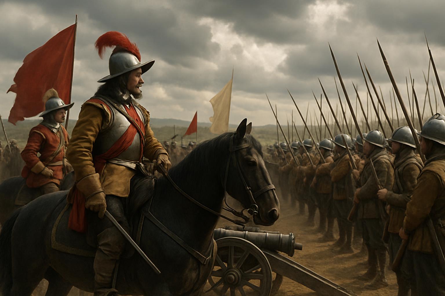 A cavalry officer in a plumed helmet reins in his horse before ranks of pikemen under a red banner, a gun in the foreground