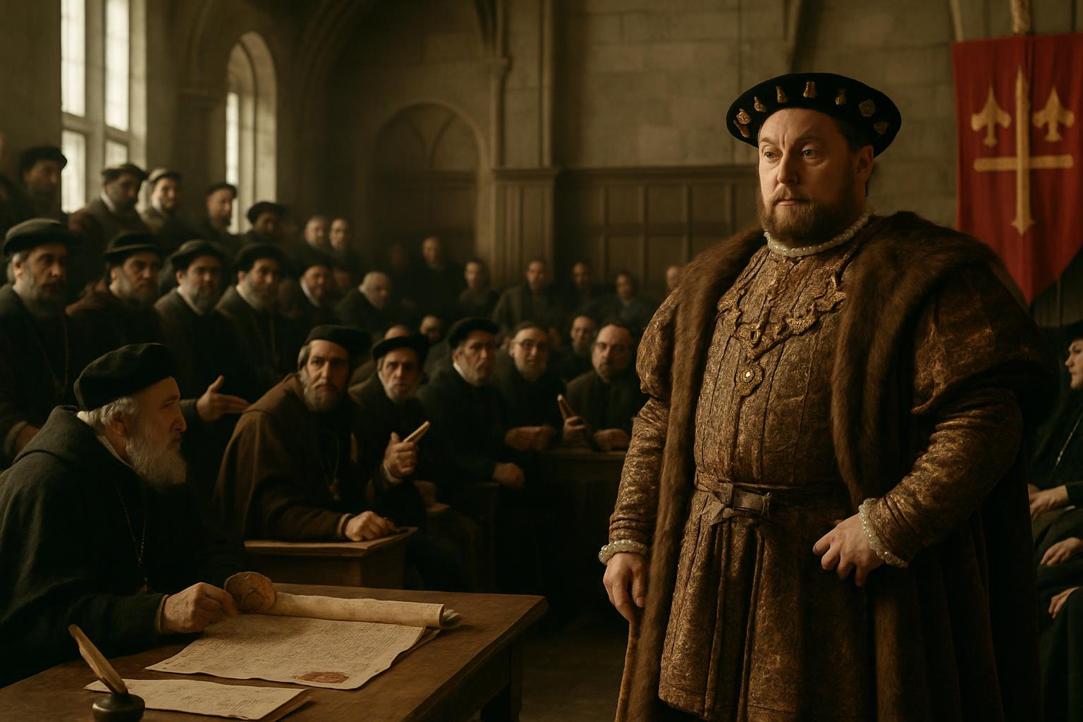 A heavy king in a jewelled coat and flat cap stands before rows of seated clergy and lawyers, a sealed document on the table before him