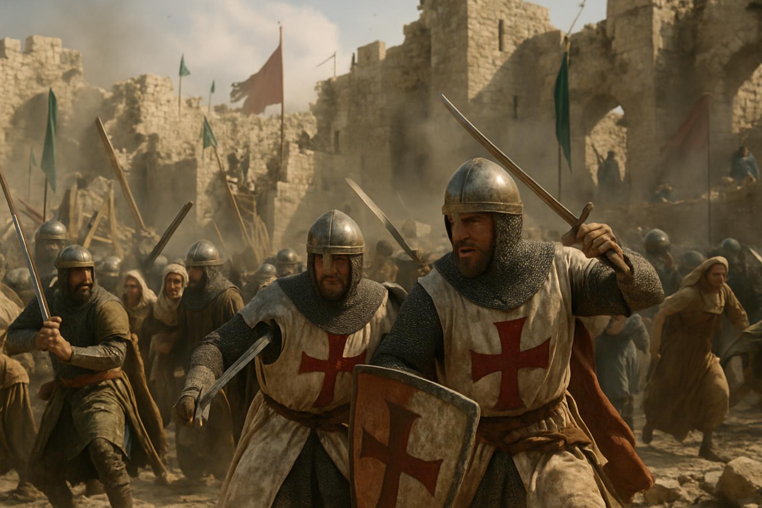 Knights in white surcoats with red crosses fight through a breach in a city wall amid dust and banners
