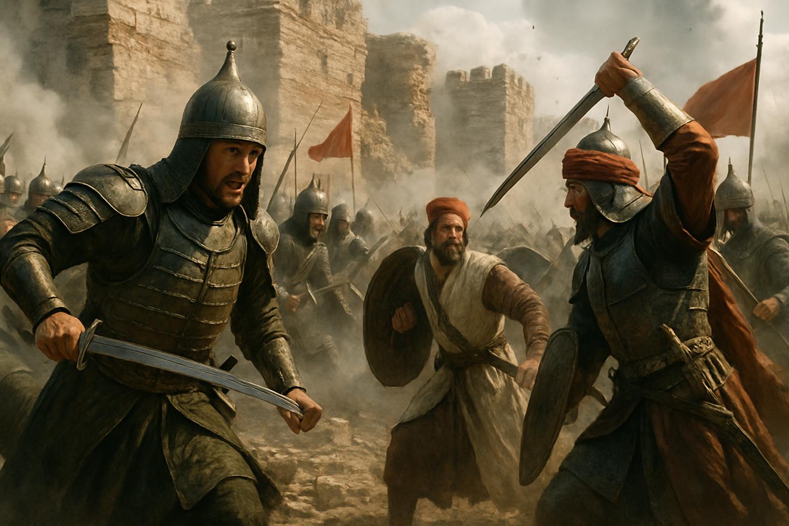 A helmeted soldier with a drawn sword fights two attackers with shields and scimitars before a battered city wall