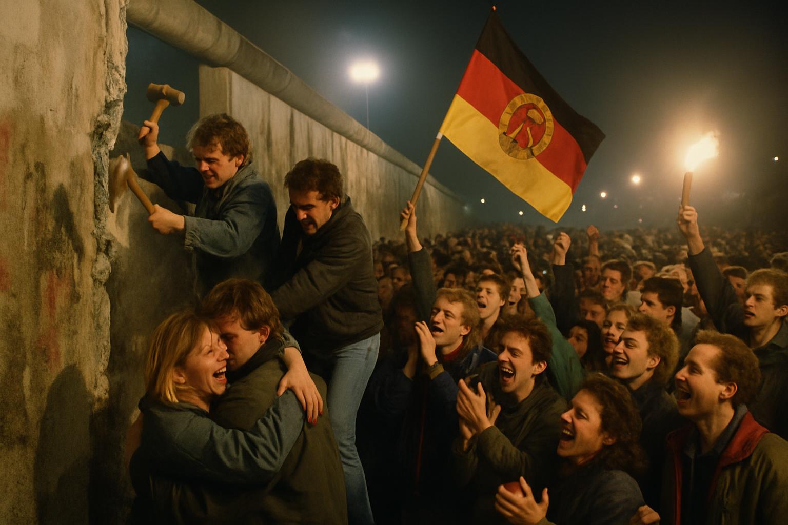 People climb and hammer at a concrete wall by floodlight while a crowd below waves a flag and embraces