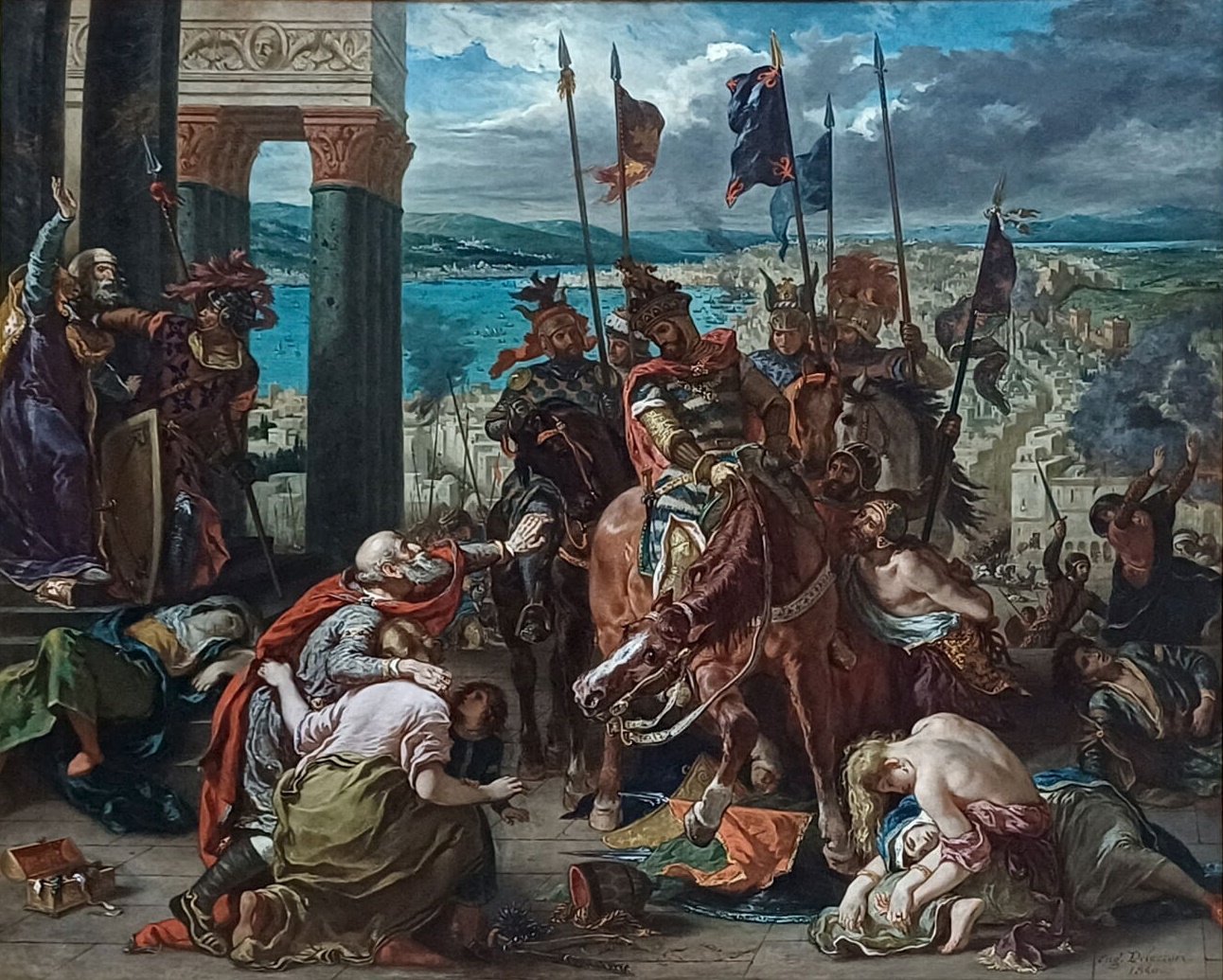 Painted scene of mounted crusaders in mail riding past cowering civilians in a colonnaded square, banners and a harbour behind