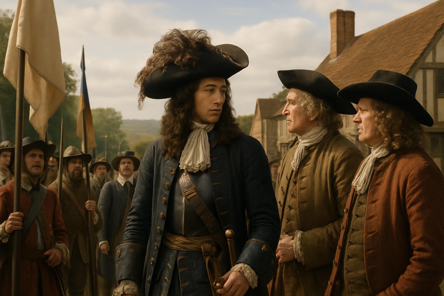 A man in a long coat, plumed hat and full wig speaks with two gentlemen while pikemen and a banner wait on the road behind