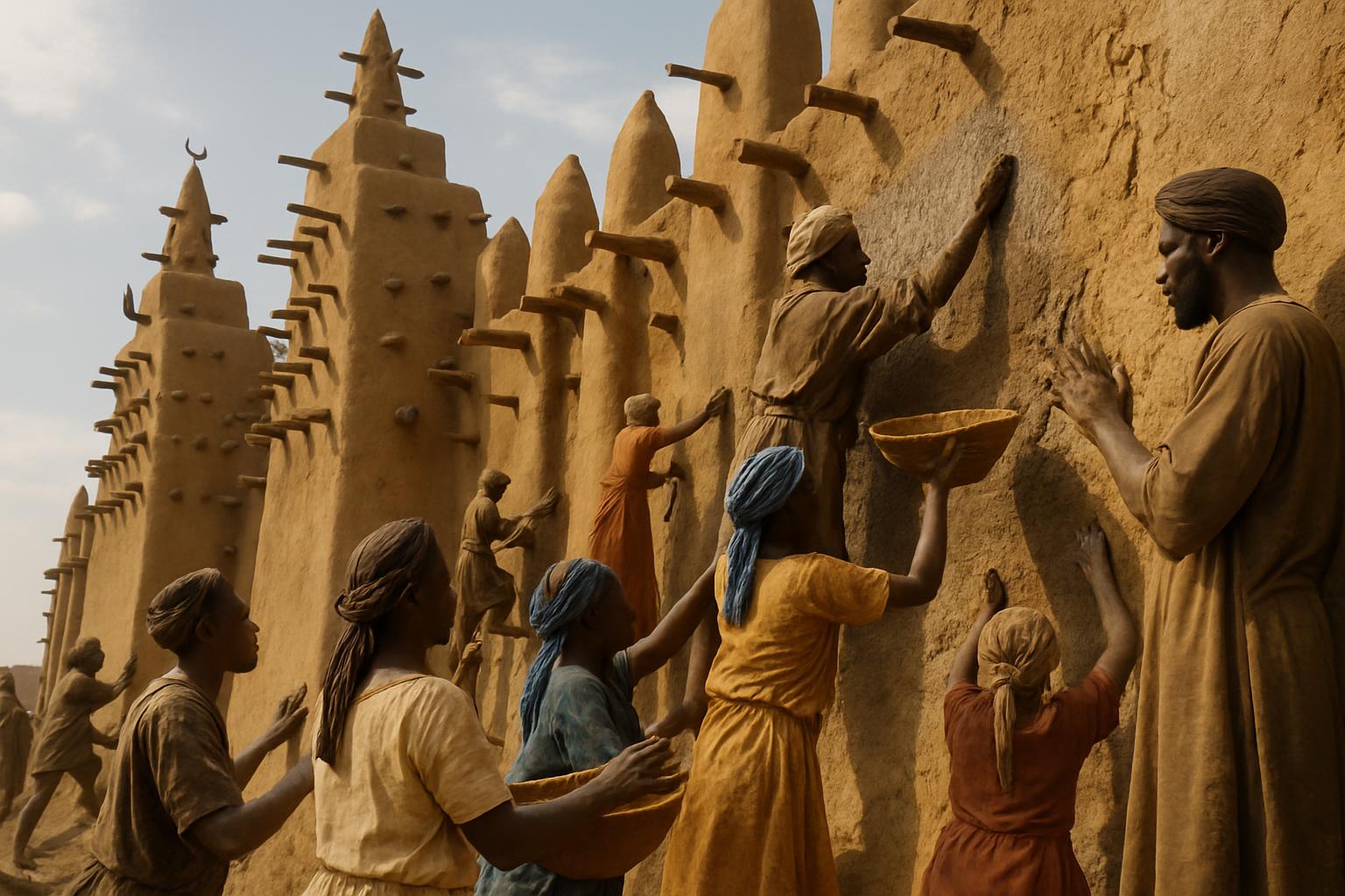 Workers pass bowls of mud plaster up to men on the projecting timbers of a large mud-brick mosque with conical minarets