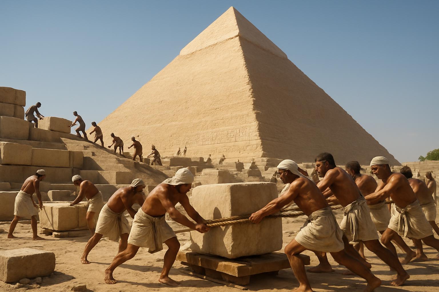 Labourers haul a large stone block on rollers up a ramp with the pyramid rising behind them