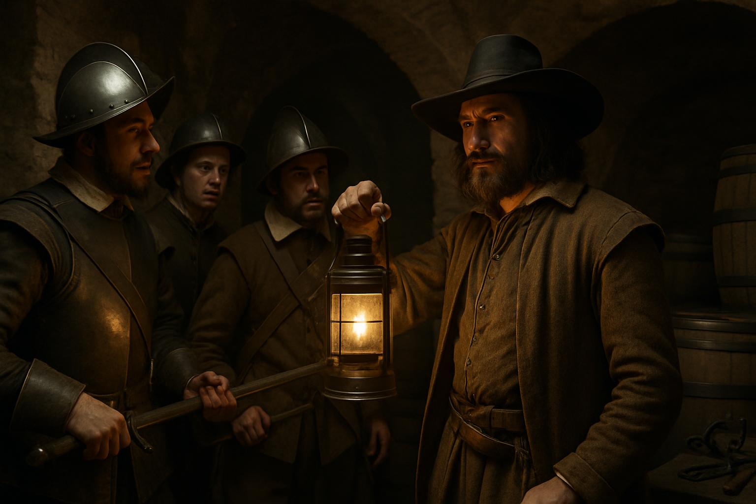 Soldiers in helmets and breastplates hold a lantern over a man in a dark cloak in a vaulted cellar stacked with barrels