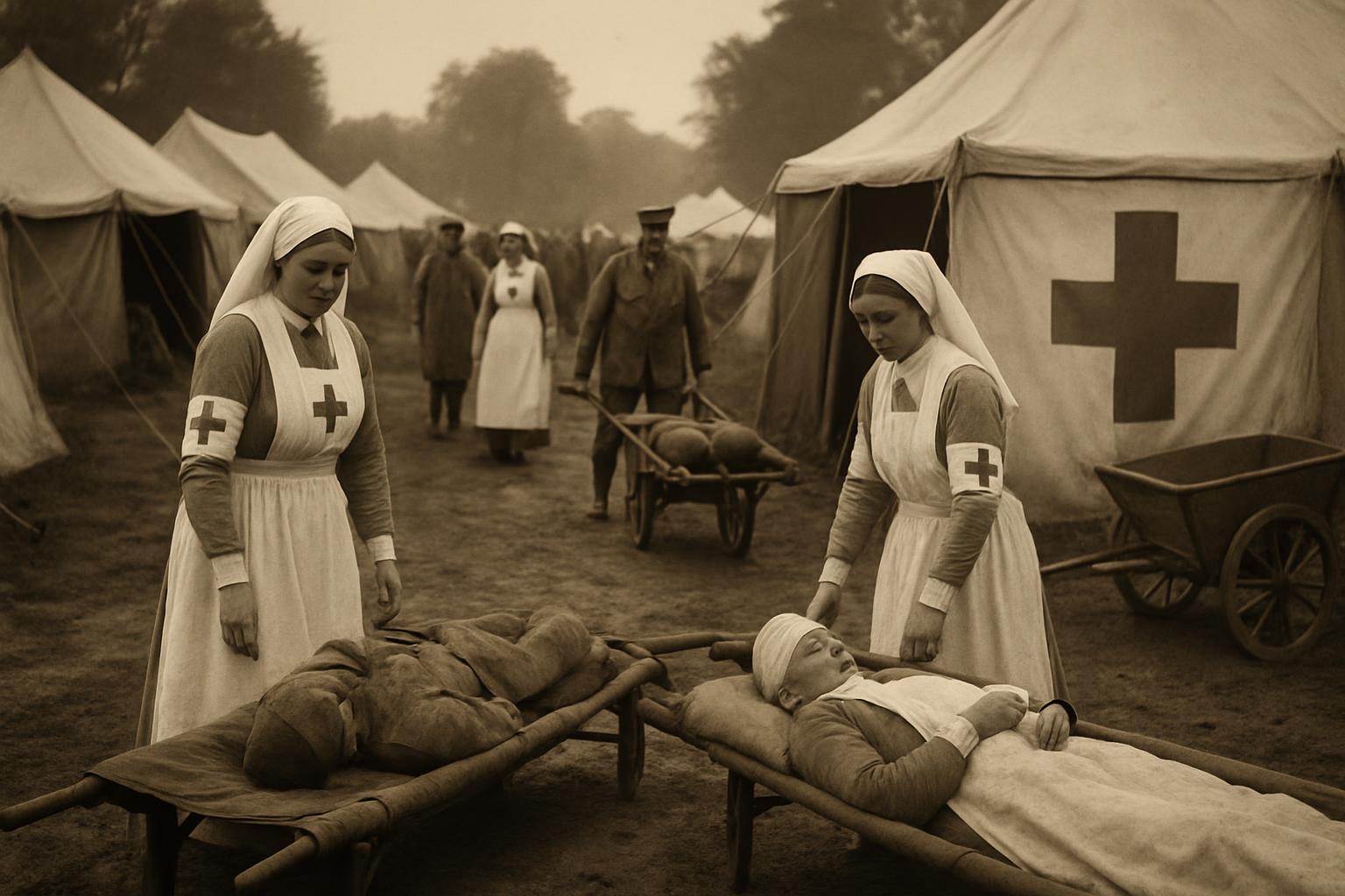 Sepia scene of nurses in white aprons with red cross armbands tending wounded men on stretchers outside a row of hospital tents