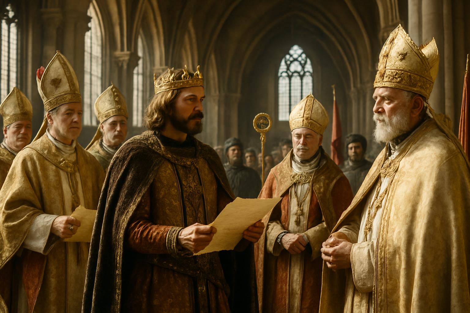 Bishops in mitres and copes stand around a crowned king holding a document, one of them presenting a charter in a vaulted church