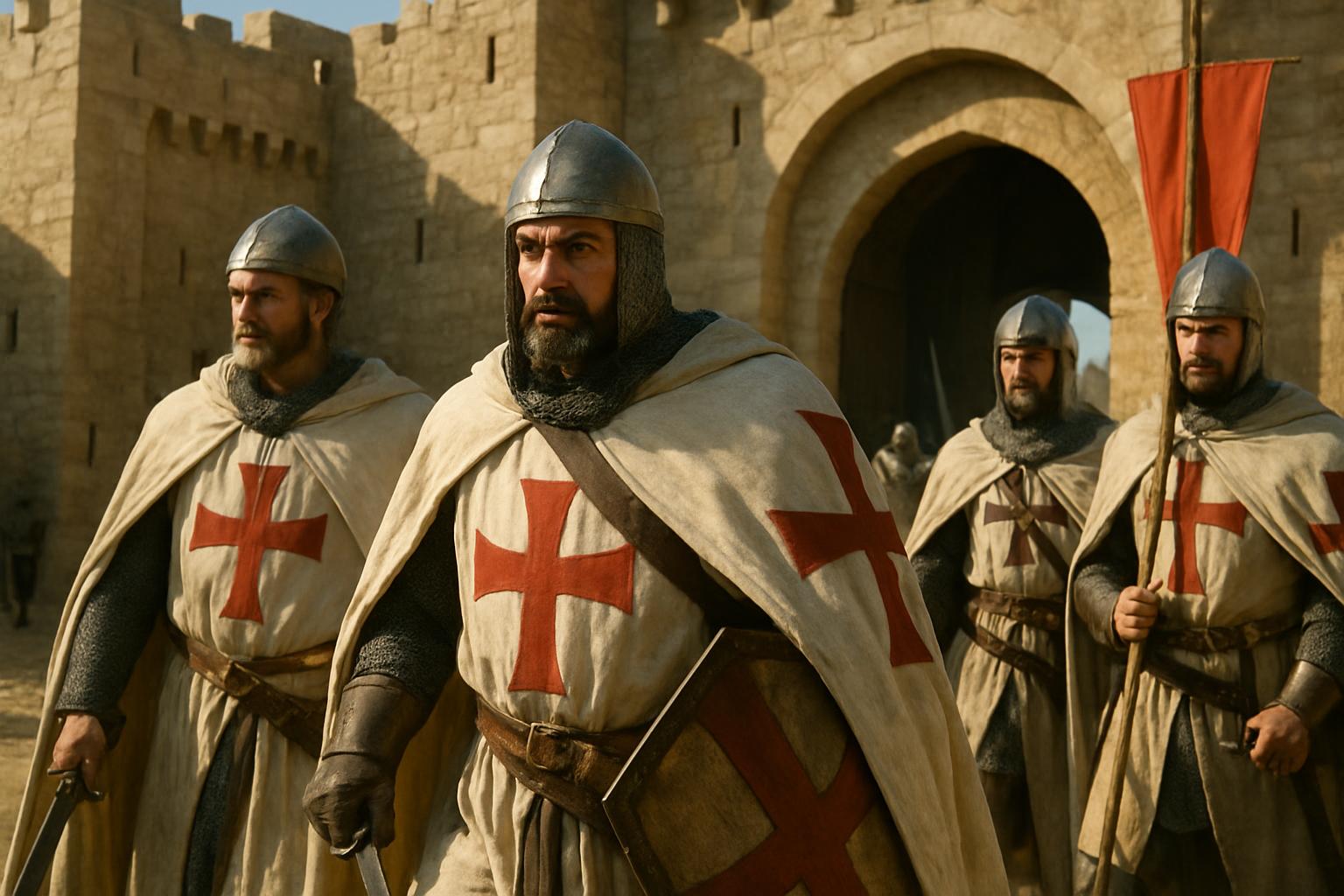 Men in mail and white mantles with red crosses stand before a castle gateway, a red banner flying from the tower above
