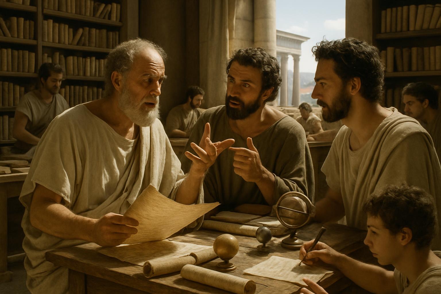 An older scholar and two younger men argue over a sheet of writing at a table of scrolls and instruments in a colonnaded library