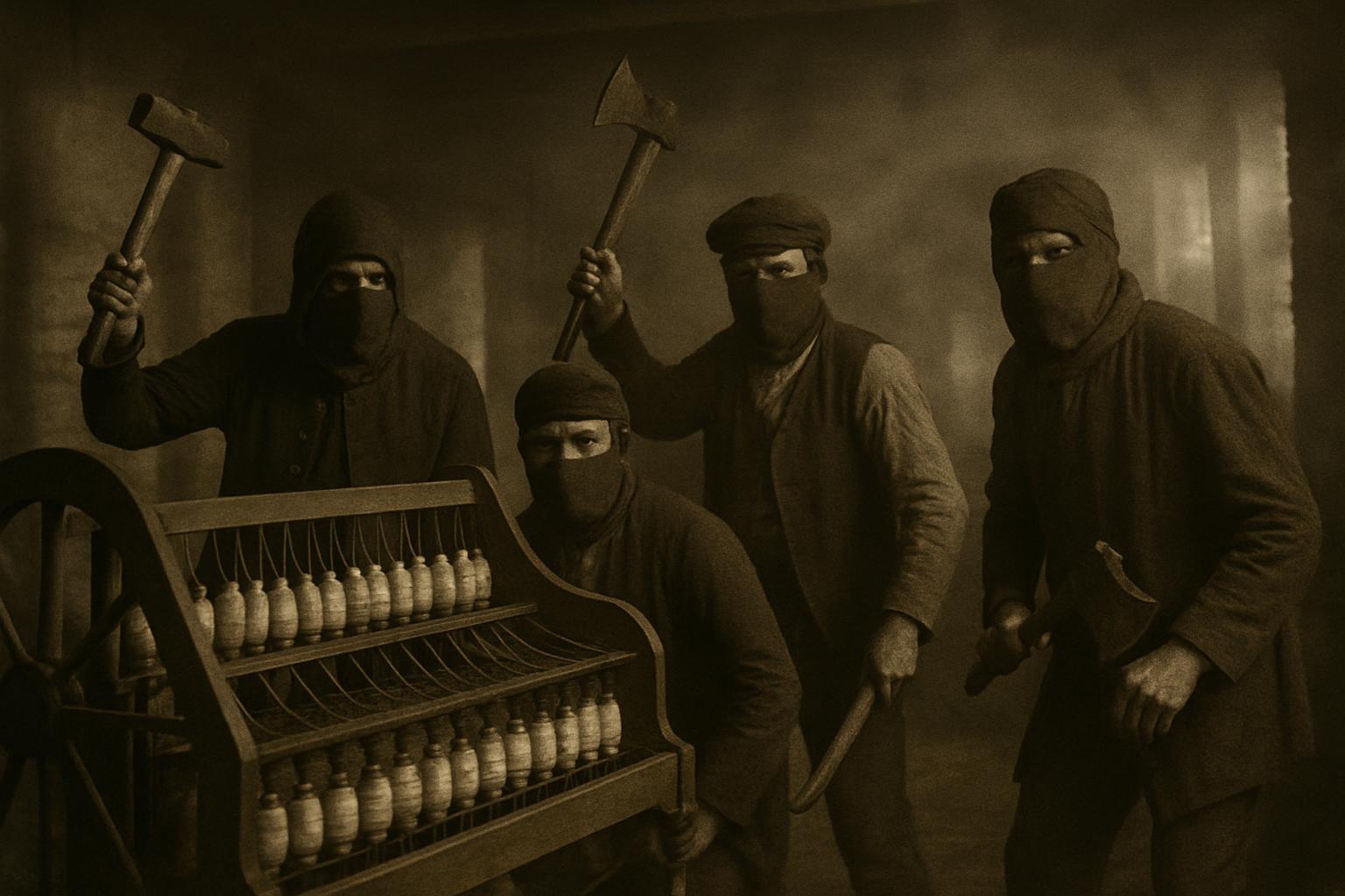 Masked men with hammers and axes close in on a knitting frame in a dark workshop