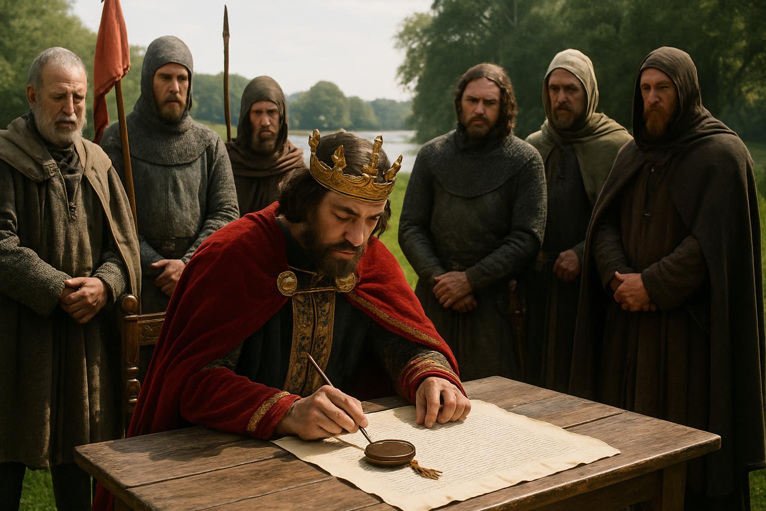 A crowned king in a red robe sets his seal to a document at a table outdoors while armed and hooded men look on