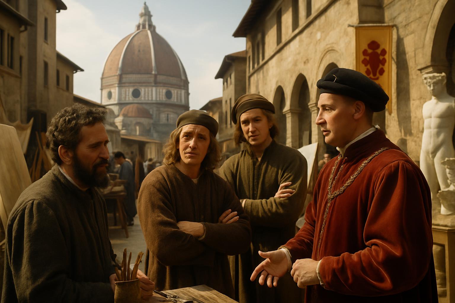 Men in Renaissance dress argue in a street of a walled city, a great domed cathedral rising behind them