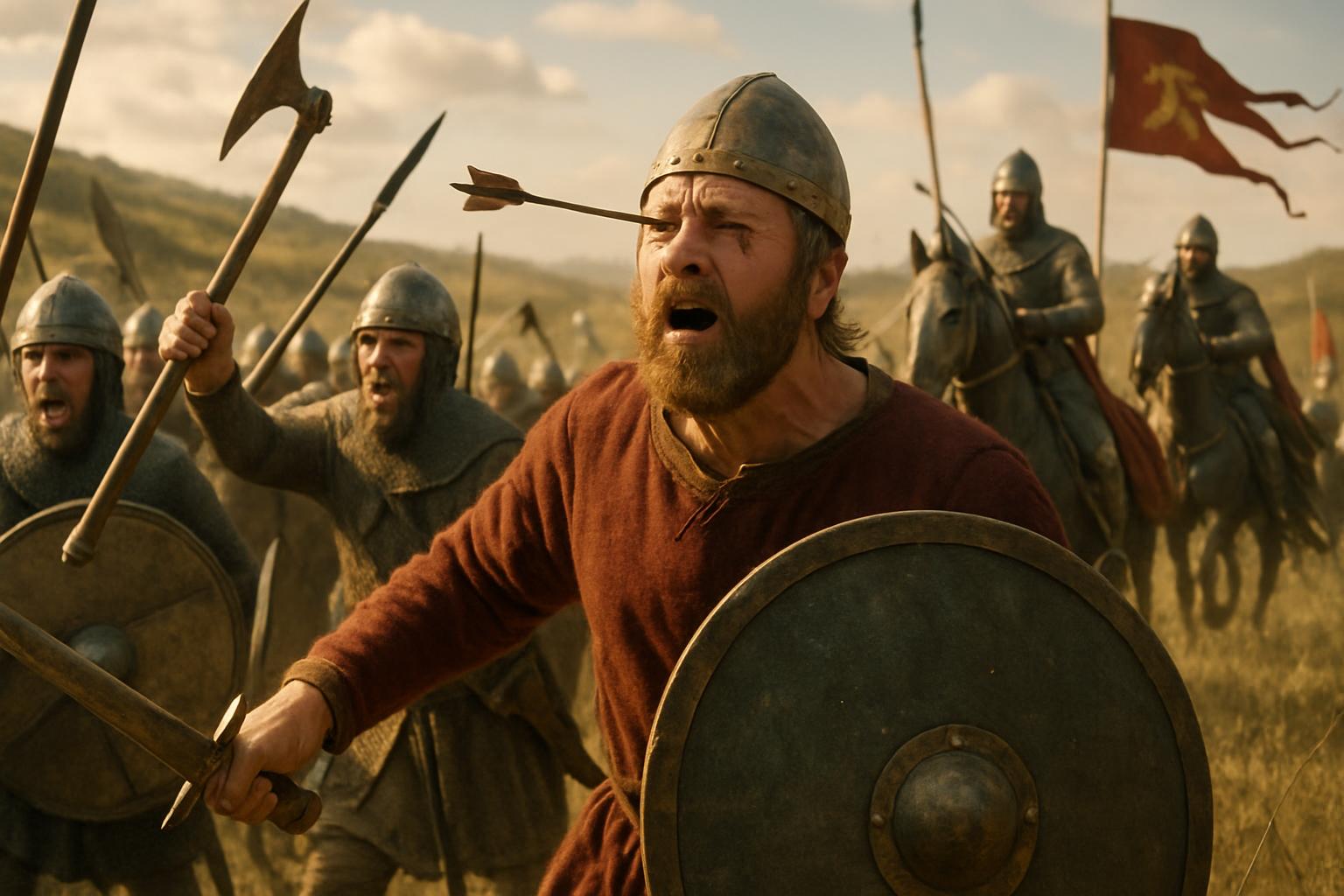 A bearded man in a red tunic with a round shield shouts and swings a sword as mailed horsemen with lances ride down on him