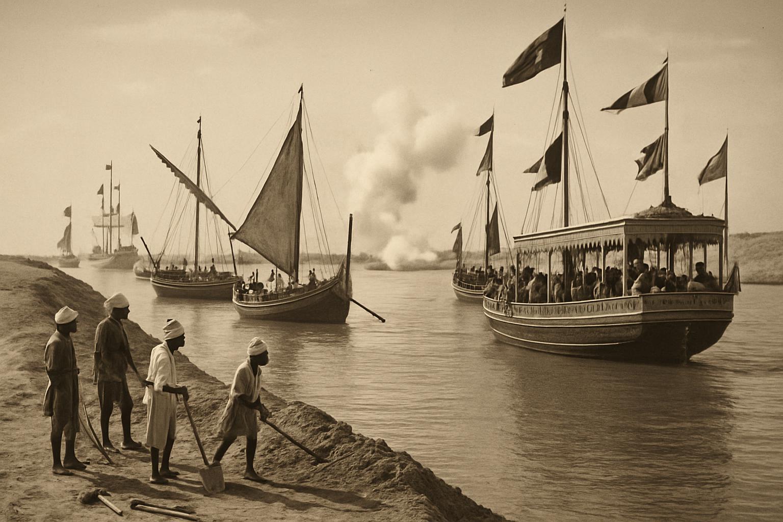 Sepia scene of a decorated steam launch and sailing craft moving along a new canal cut through the desert, watched by workers on the bank