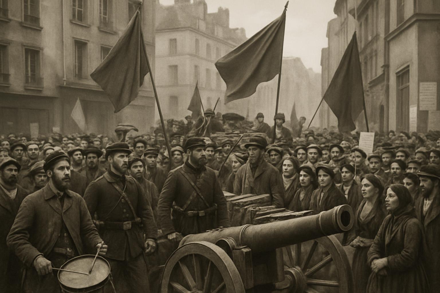 Sepia scene of a dense crowd with black and red flags gathered behind field guns in a city street
