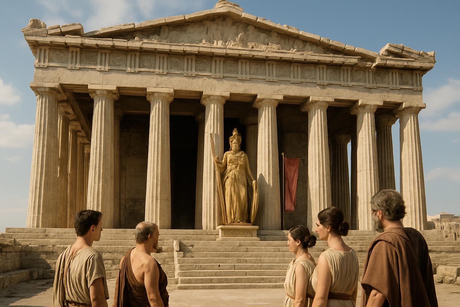 People in tunics stand at the foot of the steps of a marble temple, a tall gilded statue visible in the doorway