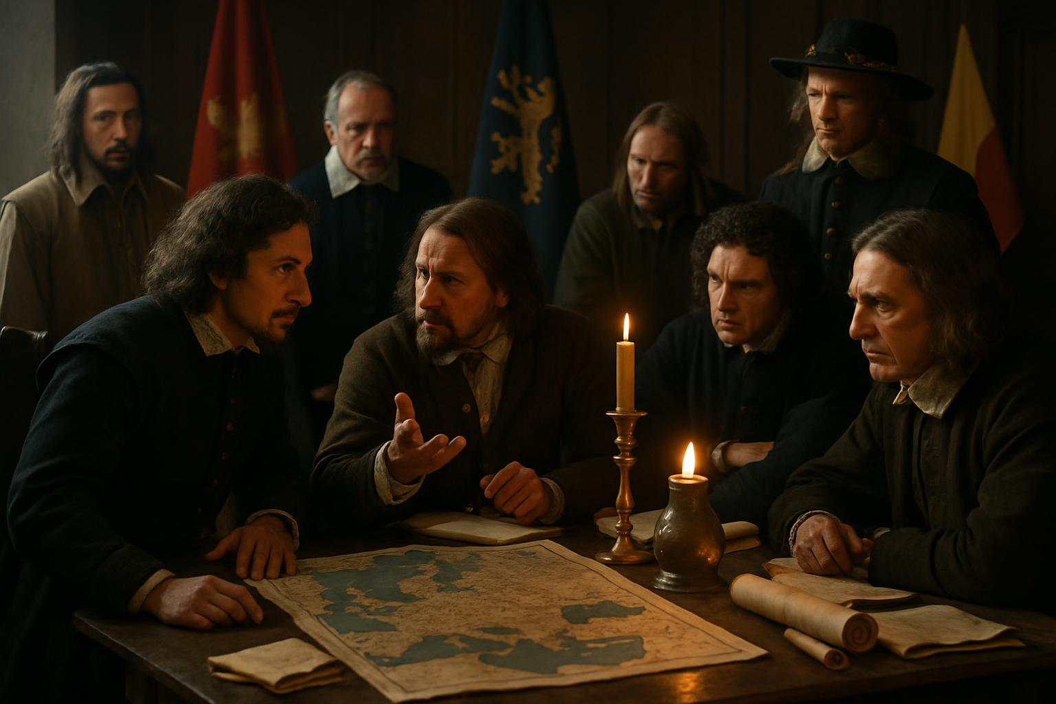 Negotiators in black seventeenth-century dress lean over a coloured map by candlelight, provincial banners on the wall behind