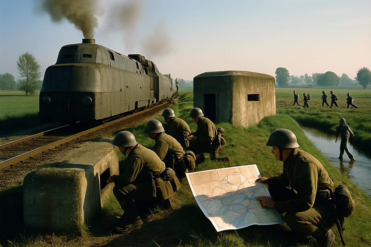 Steel-helmeted soldiers take cover behind a concrete bunker beside a railway line while an armoured train approaches and figures wade a ditch