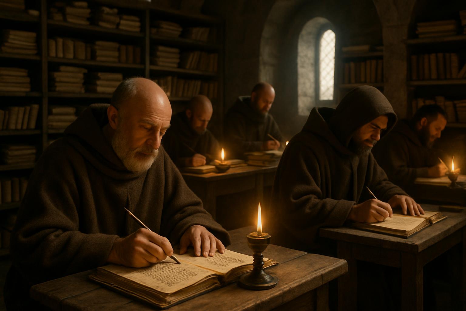 Monks in habits write at sloped desks by candlelight in a vaulted library lined with shelves of books
