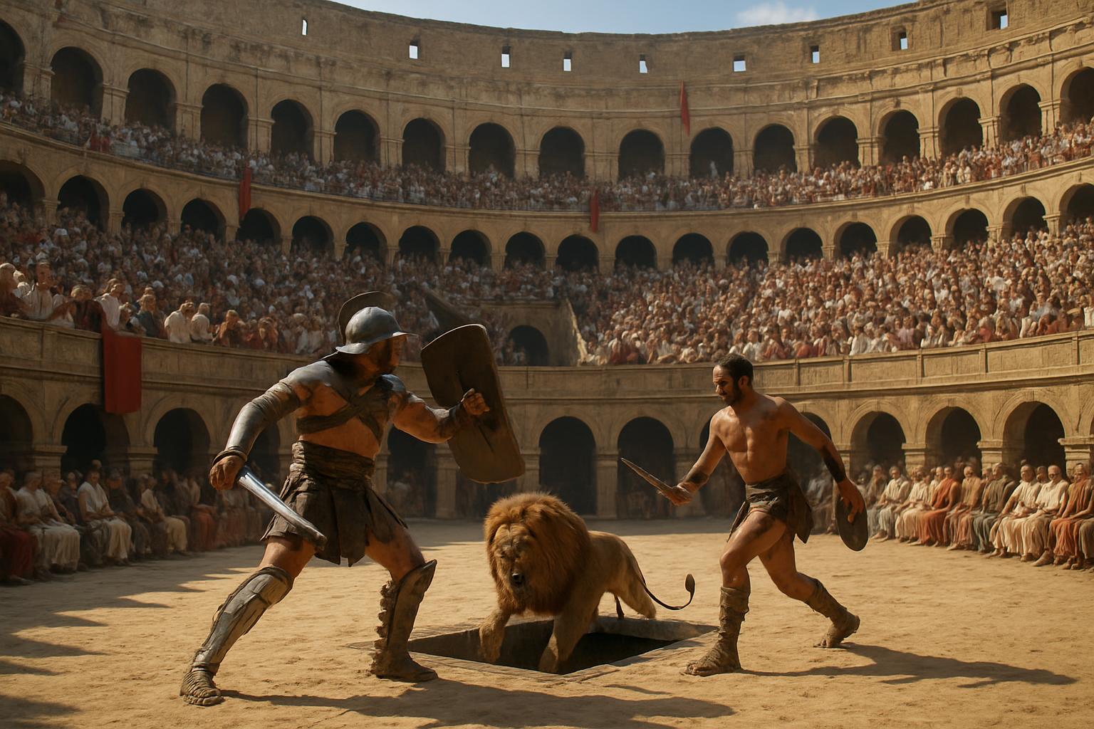 Two armed fighters face a lion on the sand of a packed amphitheatre, tiers of spectators rising behind them