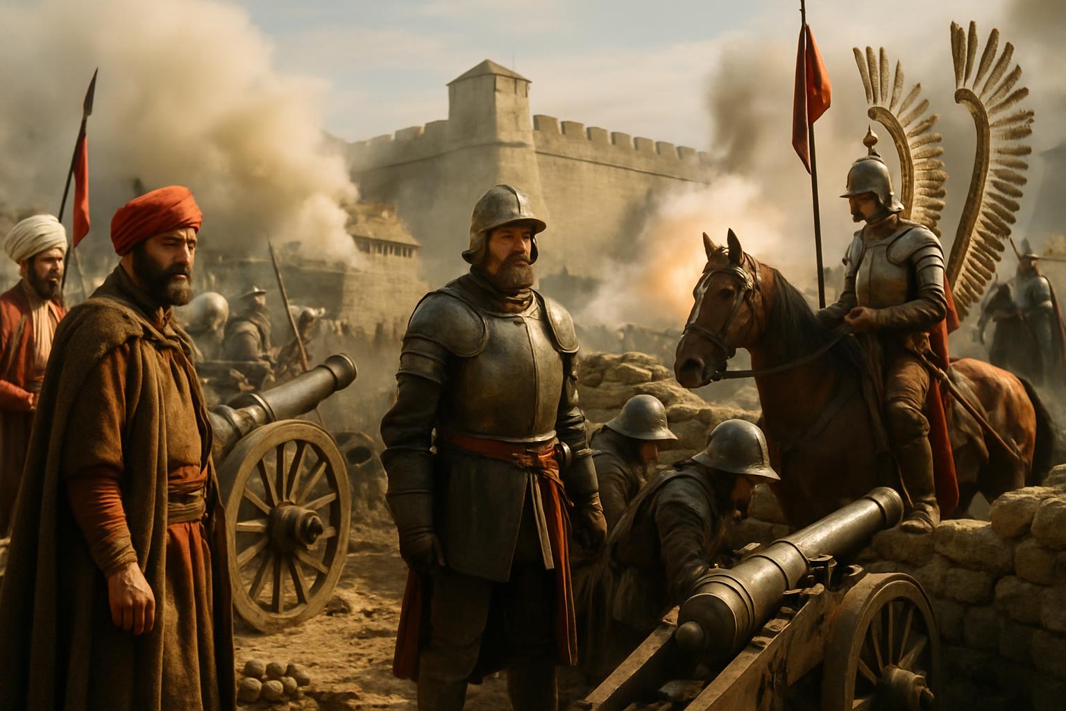 Gunners work cannon on an earthwork before a besieged city wall while a winged-armoured horseman waits behind them