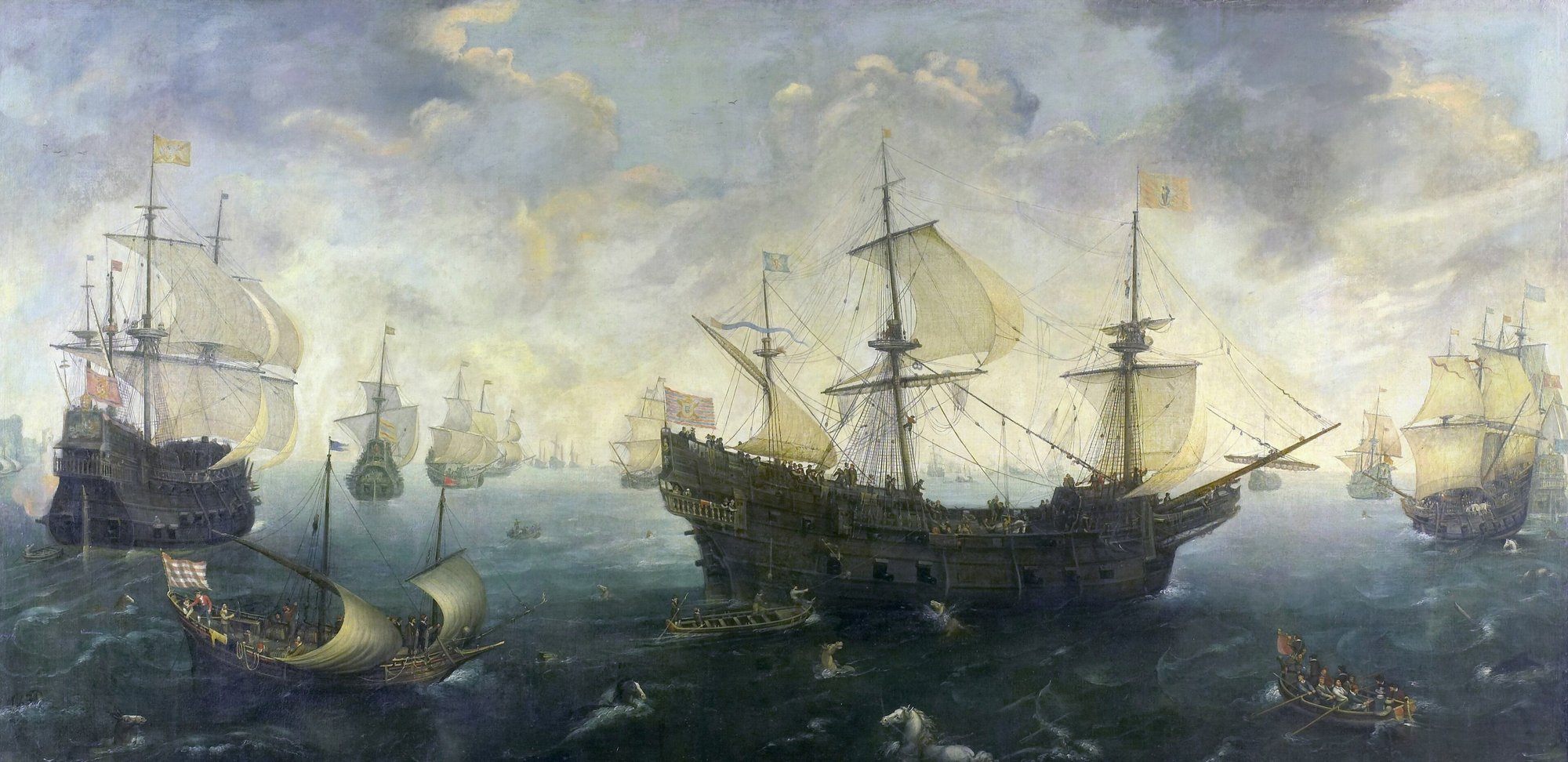 Painted seascape of high-sterned sailing warships under full canvas in line on a hazy sea