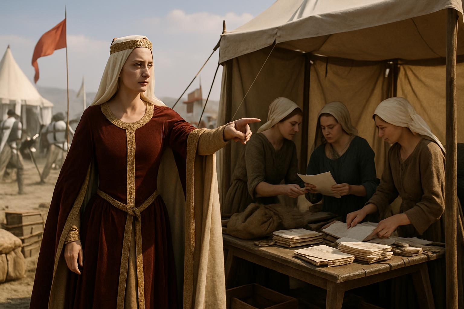A woman in a red gown and veil directs three women sorting papers and supplies at a table under an open tent, siege lines and a banner behind